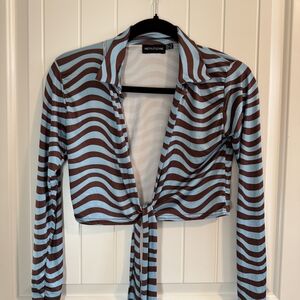 PrettyLittleThing Brown and Blue Striped Tie Front Top